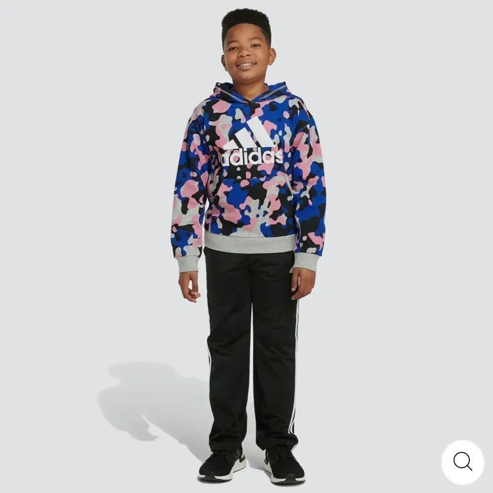 Adidas Kid’s Camo Allover Print Blue Pink Pullover Sweatshirt Hoodie 10/12